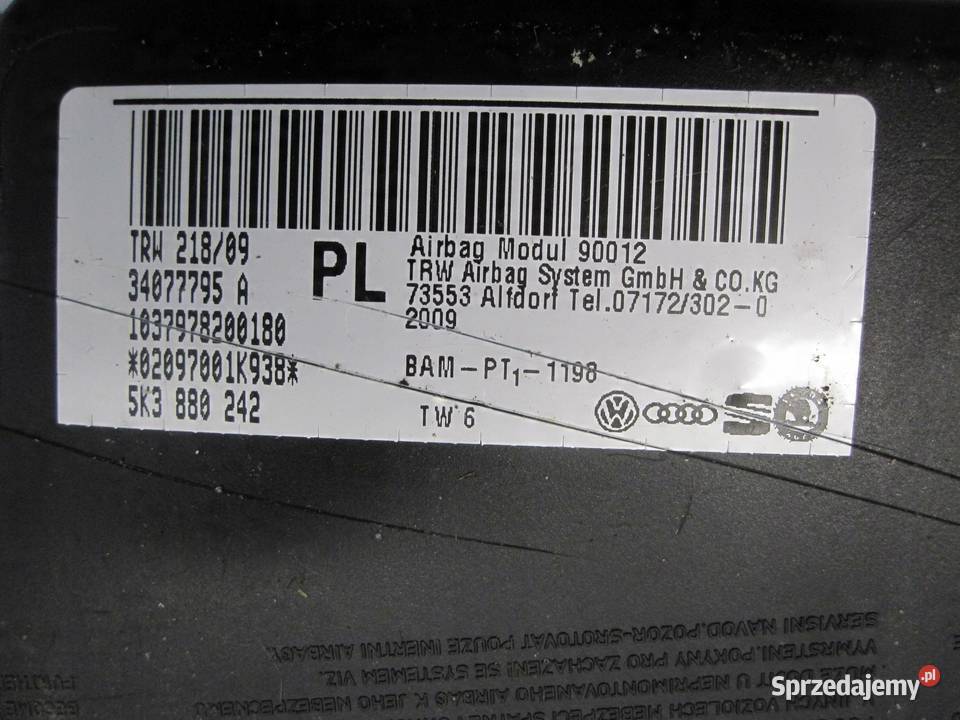 VW GOLF VI 10r poduszka fotela prawa przód Poduszki powietrzne