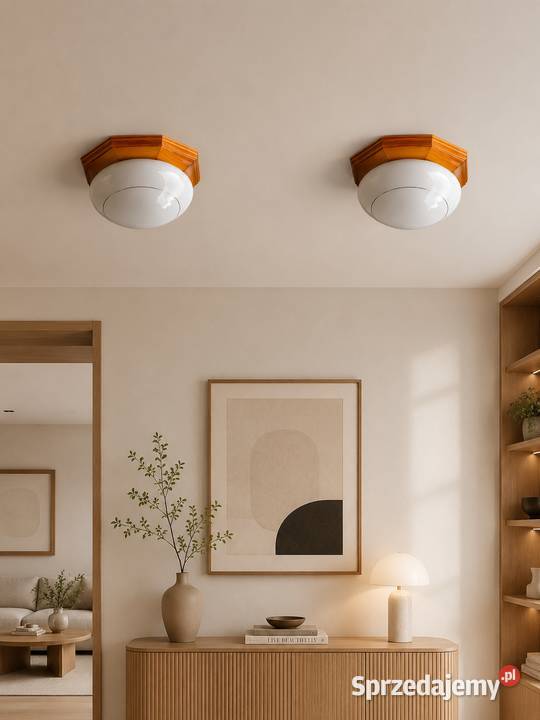 2x plafon sufitowy retro vintage drewno mleczne