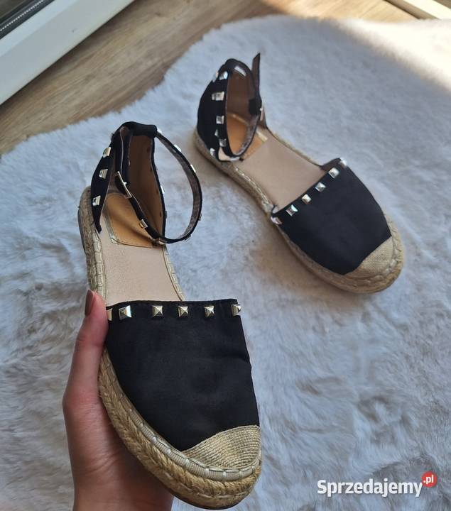 Świetne czarne espadryle sandałki 40 z ćwiekami Kraków