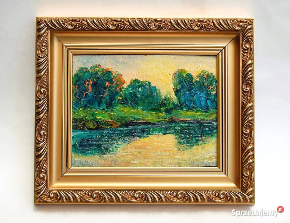 Zachód słońca rzeką las pejzaż obraz olejny