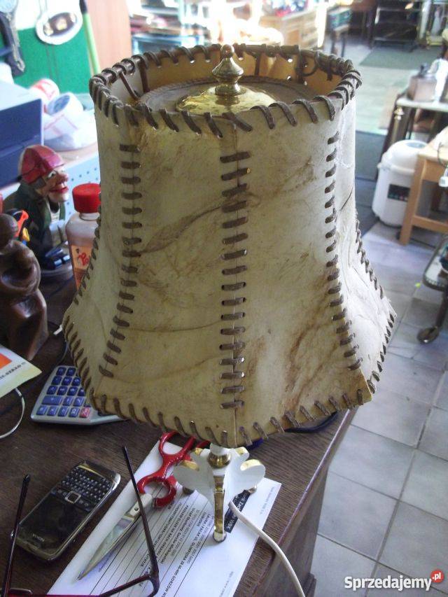 lampka lampa z mosiężną nogą i abażurem ze skóry Gorzów Wielkopolski sprzedam