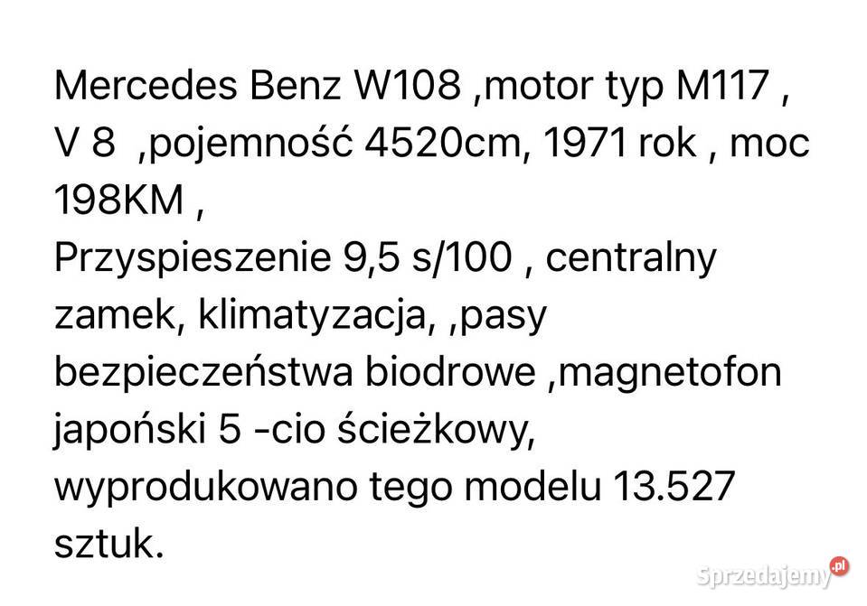 Mercedes W108 45V8 klima Zołte tablice Koło