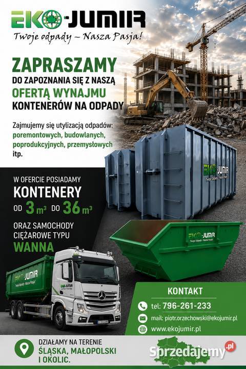 Wynajem Kontenerów na odpady 336m3 Gruz Odpady Wywóz gruzu i śmieci śląskie Jaworzno
