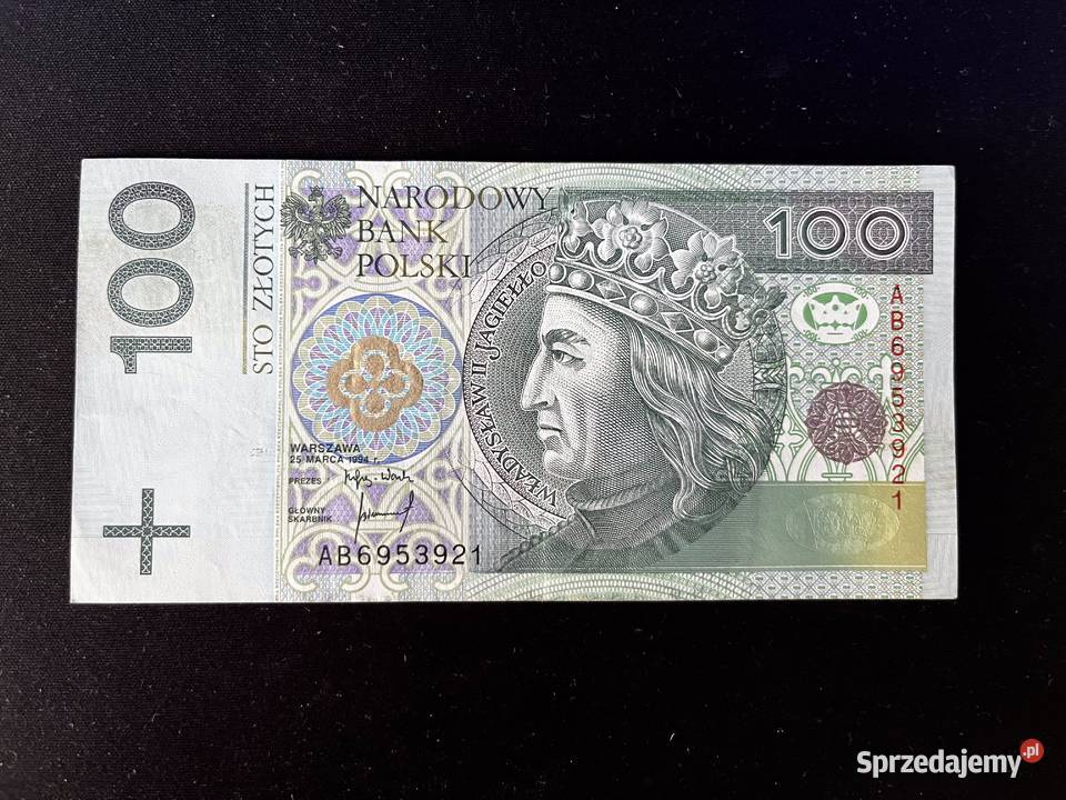 Banknot 100 seria AB6953921 Zawiercie