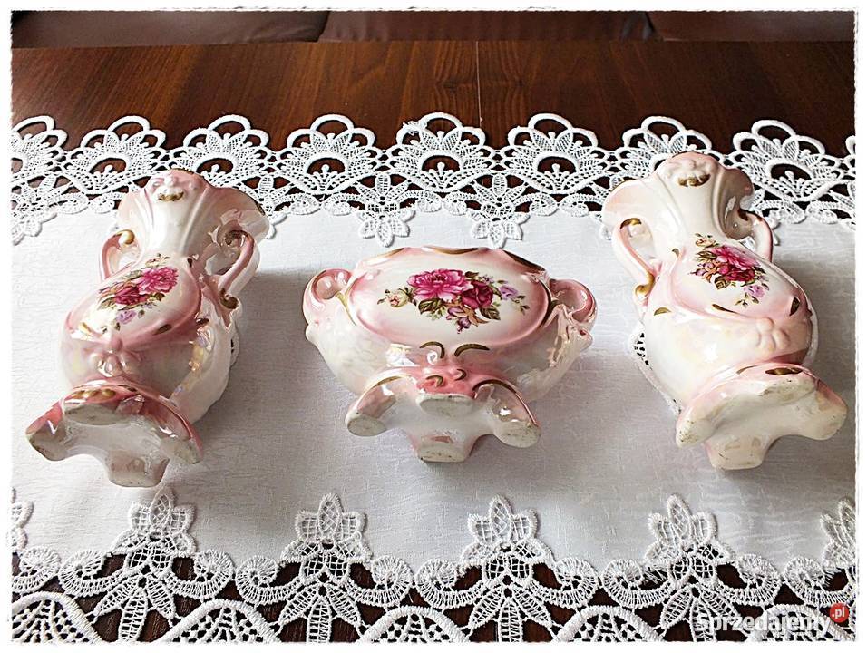 Stary porcelanowy komplet różowy kwiaty Śliczny