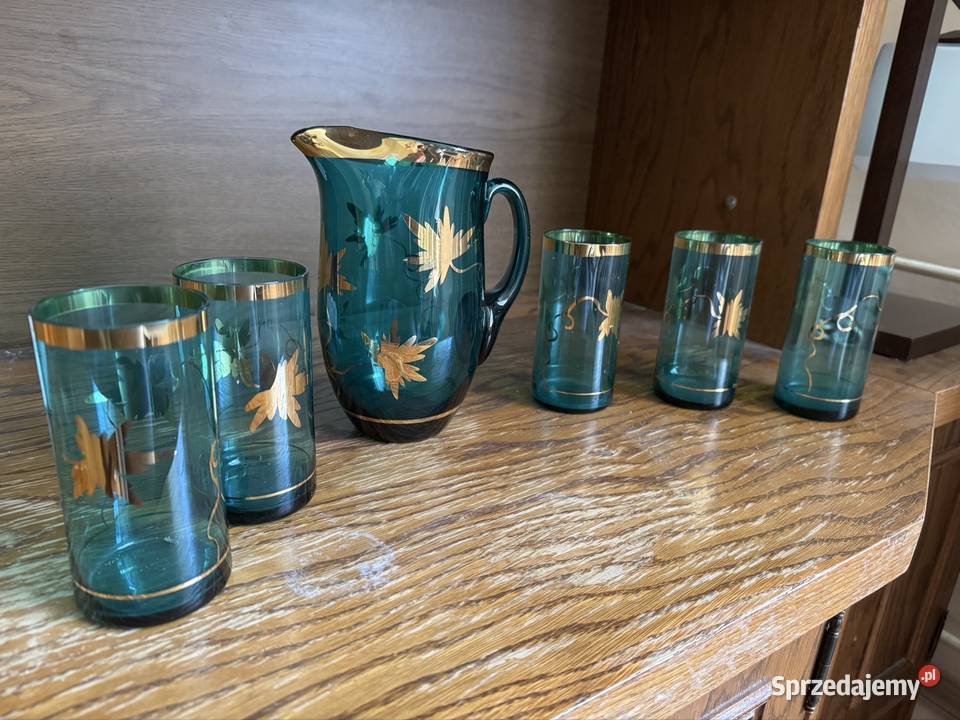 Zestaw PRL szkło szmaragdowe złocone dzbanek 5 śląskie Jaworzno
