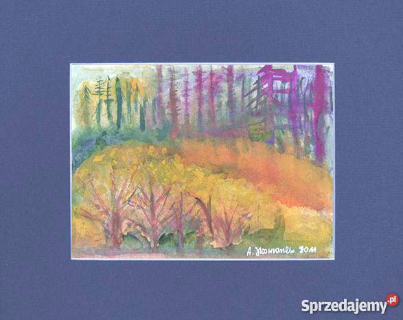 Ręcznie malowany obrazek akwarela W lesie Antyki, Sztuka, Kolekcje Katowice