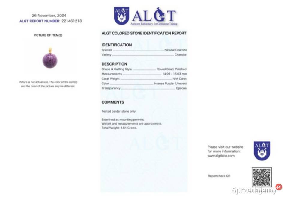 Naszyjnik z naturalnym czaroitem Tuchola sprzedam