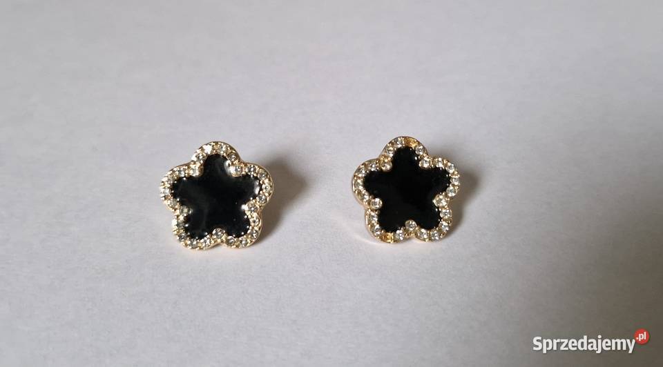 kolczyki czarna emalia złote cyrkonie