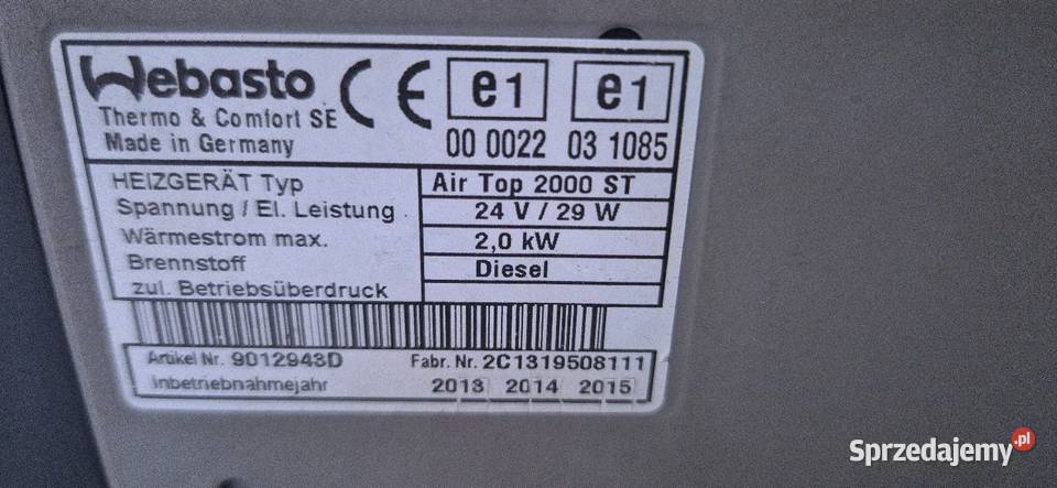 Ogrzewanie Webasto airtop air top 2000st 20kw Jarocin