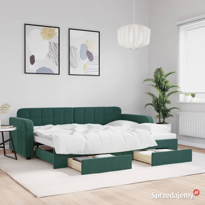 Sofa rozsuwana z szufladami ciemnozielona Łóżka sprzedam