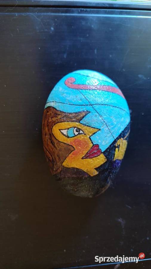Duży ręcznie malowany kamień twarz portret Rękodzieło Gdańsk