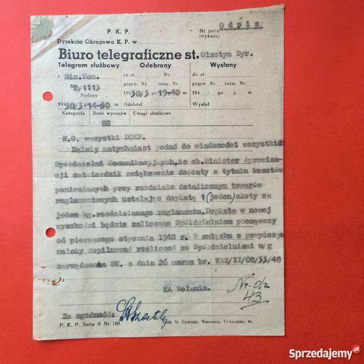 1108 Pismo Przewodnie i Telegram PKP Nadany w Szczecin