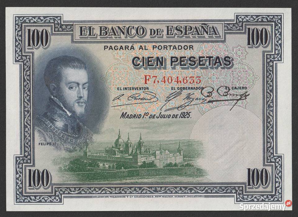 HISZPANIA 100 PESET 1928 FILIP II STAN BANKOWY Łódź