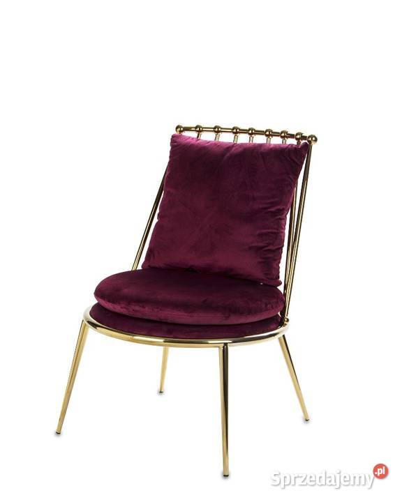 Złote nowoczesne błyszczące krzesło z poduszką bordo