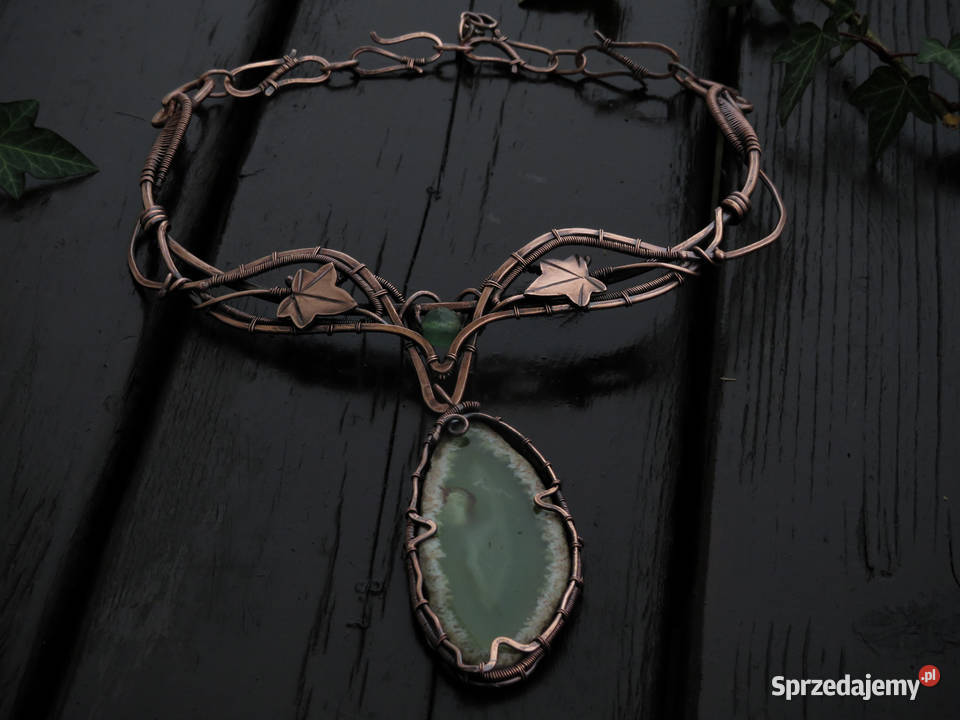 Unikatowa kolia zielony agat bluszcz rękodzieło Kraków