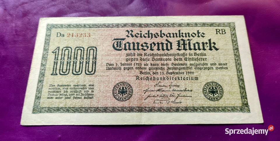 Banknot Niemcy 1000 Mark 1922 Rzadkość Ładny Pruszków