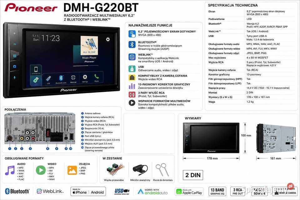 Radio samochodowe 2DIN Pioneer DMHG220BT kamera Pioneer opolskie Nysa