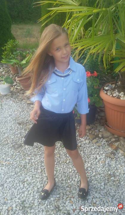 Elegancki galowy komplet koszula spódnica ok 140 niebieski Leszno sprzedam