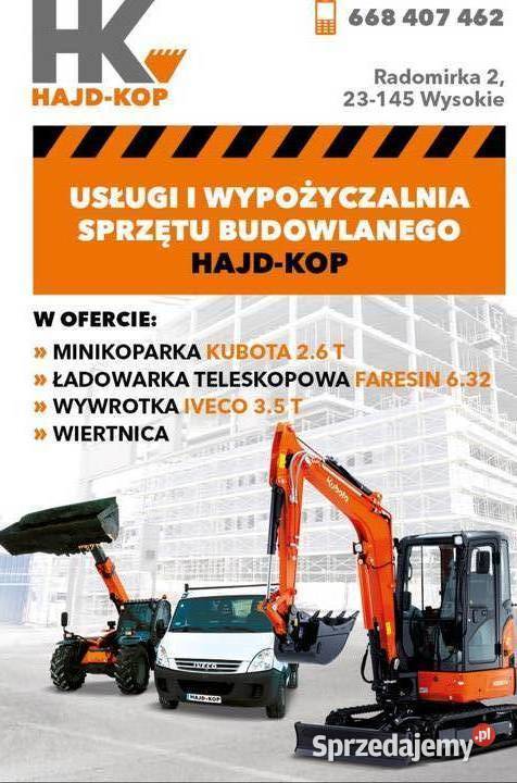 Usługi minikoparka Kubota kx 27wywrotka Radomirka