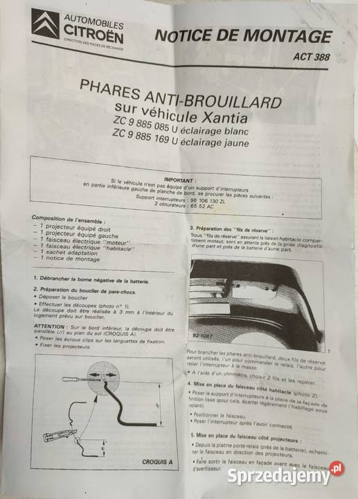 INSTALACJA HALOGENÓW PRZEŁĄCZNIK CITROEN XANTIA Panele sterowania, przełączniki