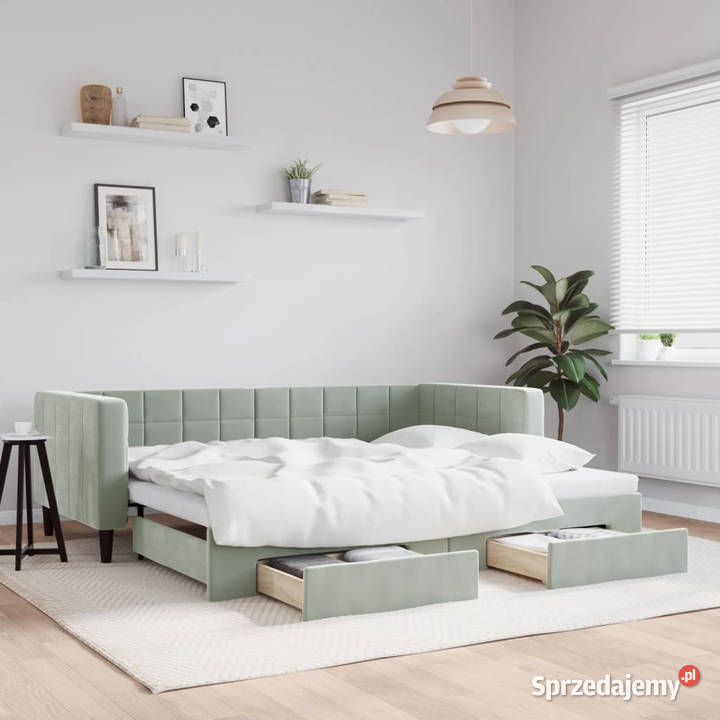Sofa rozsuwana z szufladami jasnoszara aksamit