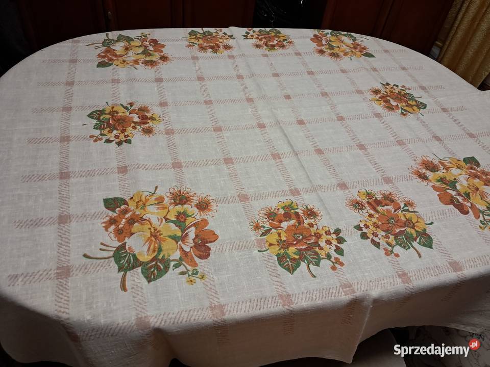 Obrus lniany kremowy w kwiaty 140x136 do Kraków