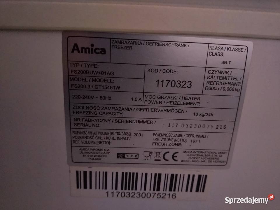 Zamrażarka skrzyniowa 200 l Amica wolnostojące kujawsko-pomorskie Mogilno