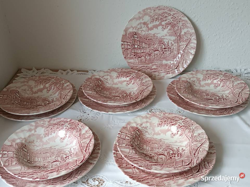 Talerze obiadowe angielskie wzór konie z wozem Porcelana i szkło Gorlice