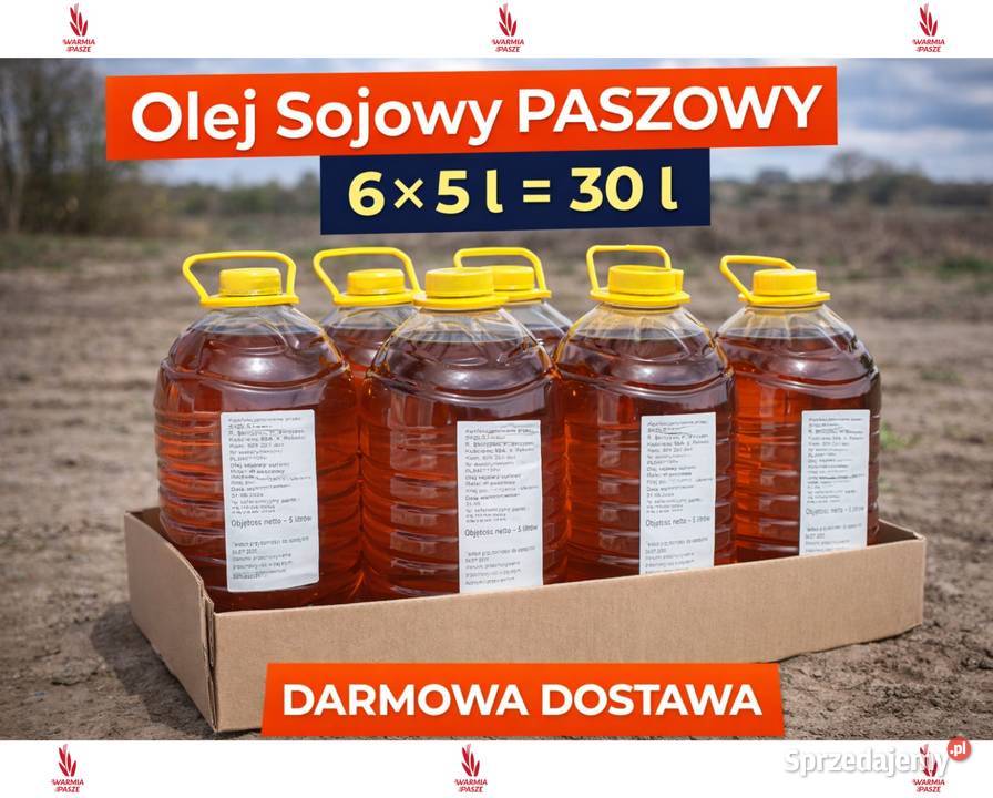 Olej Sojowy PASZOWY DARMOWA DOSTAWA 6 x 5 l 30 l Łopuszno