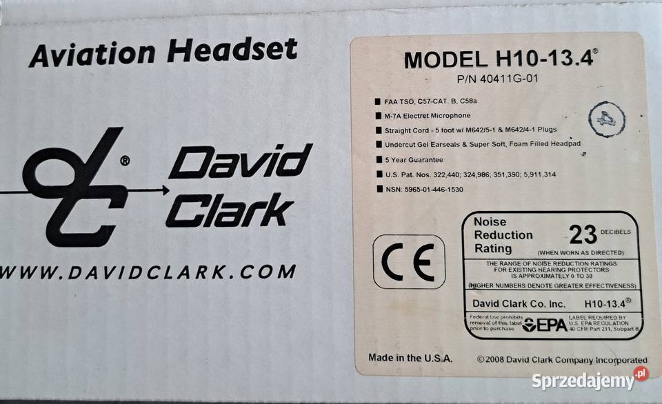 David Clark H10 134 Słuchawki Lotnicze Audio Warszawa sprzedam