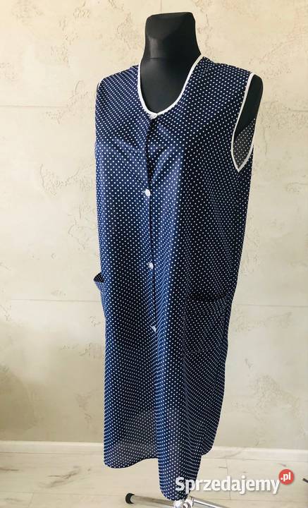 NOWY długi fartuch granatowy w kropki sprzątanie łódzkie