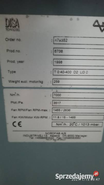 wentylator DISA wydajność 7000m3h lignum Kłodawa