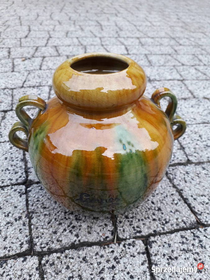 Wazon ceramiczny szkliwiony z uszami sygnowany Warszawa