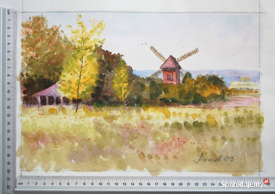 Wiatrak jesienny pejzaż akwarela Mirosława Lublin