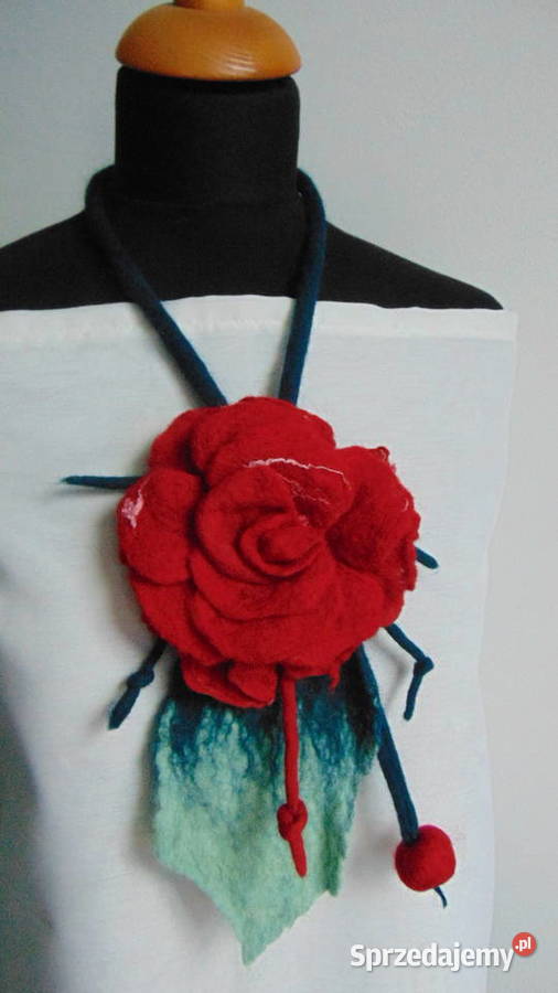 Naszyjnik filcowany czerwona róża rękodzieło lubelskie Lublin sprzedam