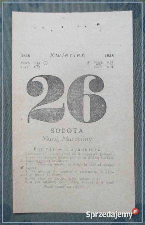 Kartka z kalendarza / zdzierak / kalendarz / 26.04.1958