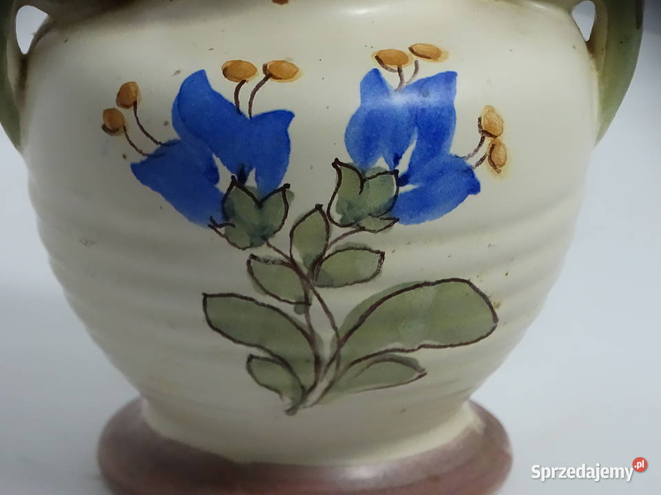 Stary ceramiczny wazon z uszami Ręcznie malowany Biłgoraj