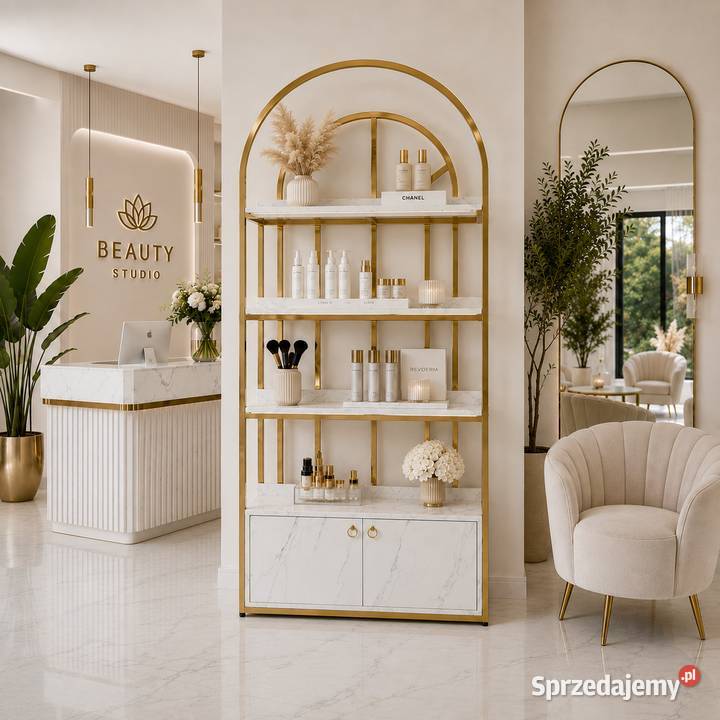 Złoty regał glamour zaokrąglony z białą szafką sprzedam