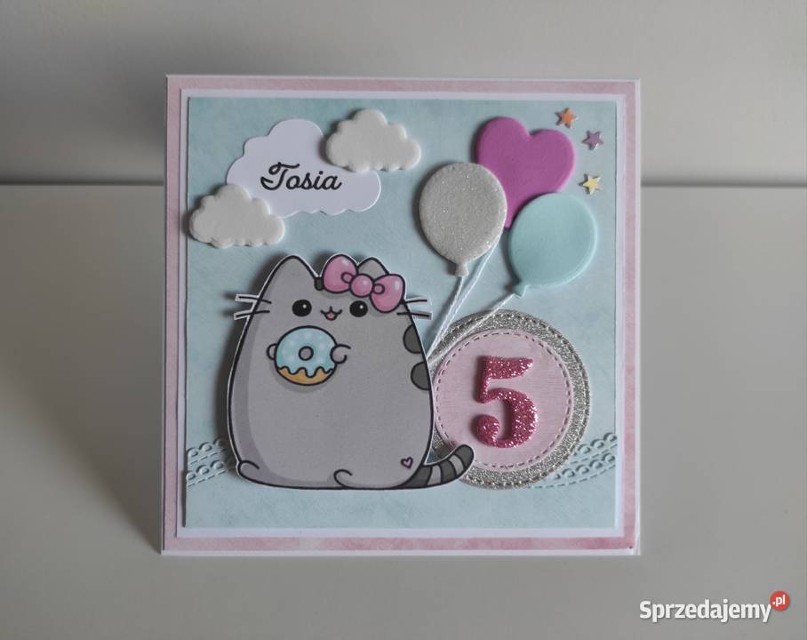 Kartka ręcznie robiona na urodziny kotek Pusheen Łódź