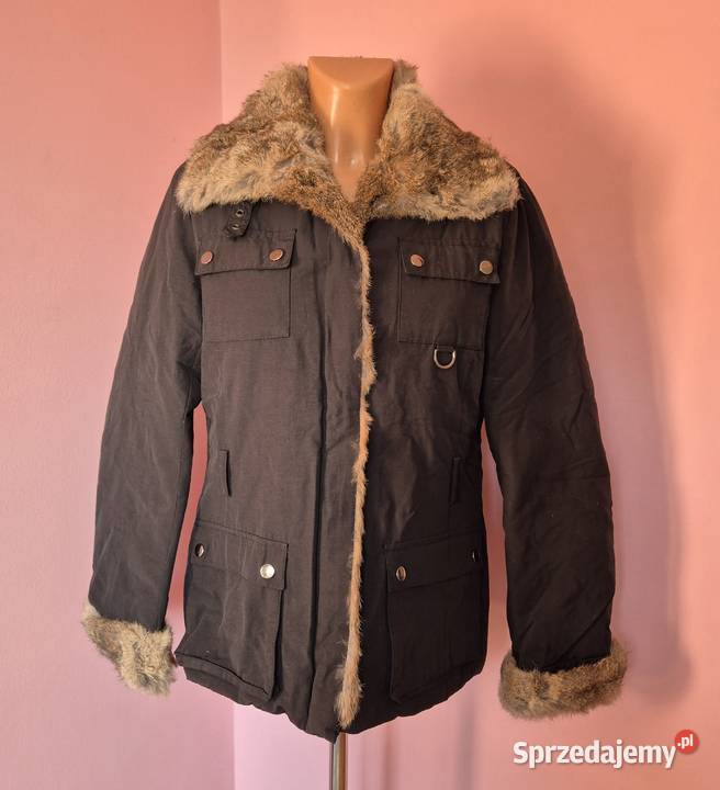 Kurtka jesienna damska z futrem królika brązowy/beżowy Brzesko