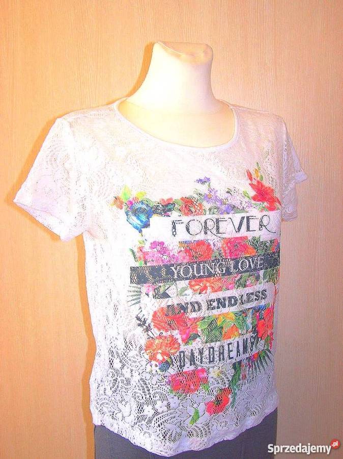 Bluzka Atmosphere Biała Koronkowa Kwiatowy z dekoltem Łomża