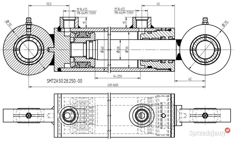 SIŁOWNIK Hydrauliczny 50x28 Skok 250 Mocowania