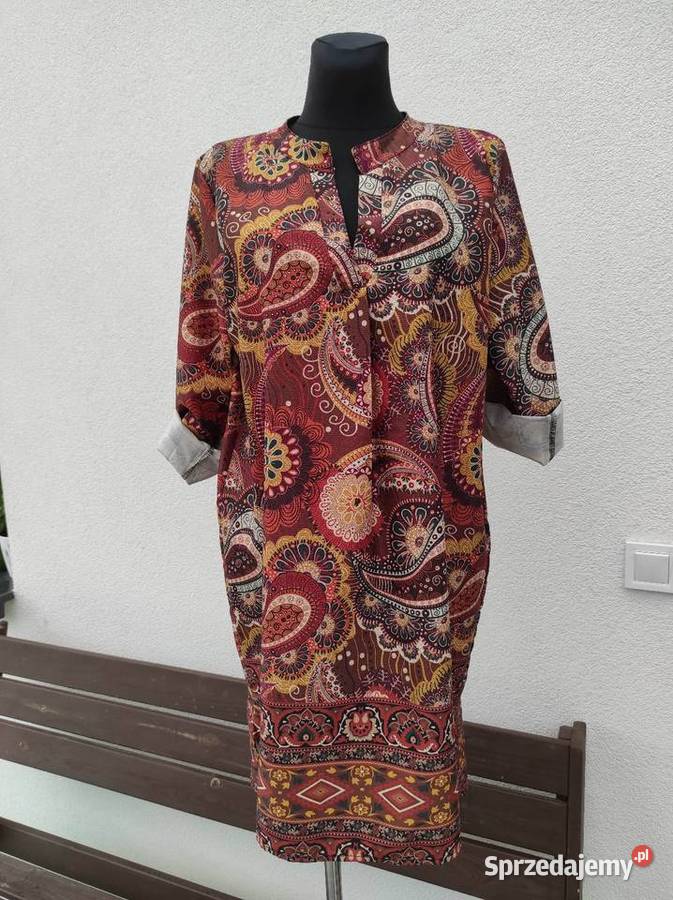 Wzorzysta lekka sukienka podwijane rękawy 42 XL Rozmiar 42(XL) Płock sprzedam