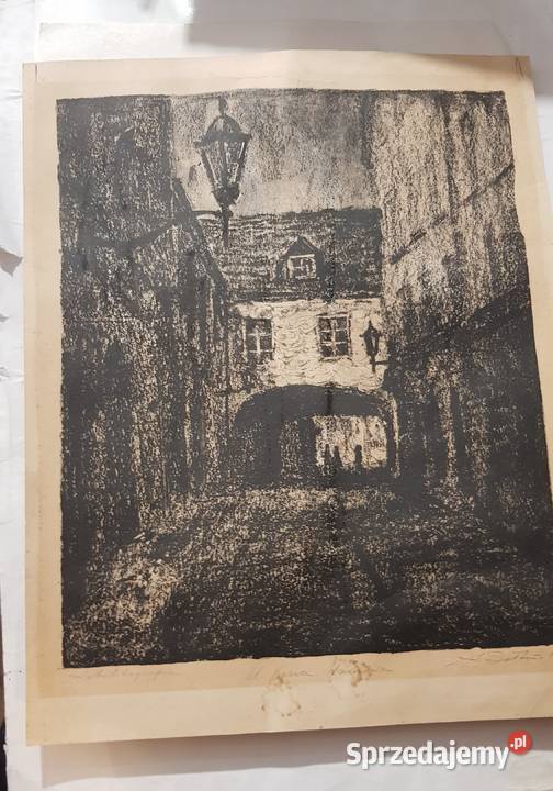 Litografia ulica Kozia Warszawa sygnowana 1961 Orneta sprzedam