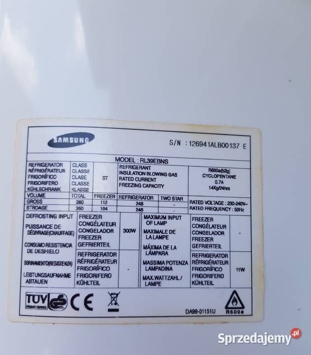 Lodówka zamrażarka samsung 192x60x63 Słupia Kapitulna