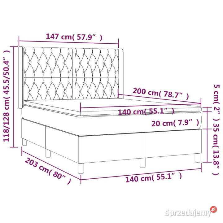 Łóżko kontynentalne z materacem i LED szare 203cm sprzedam