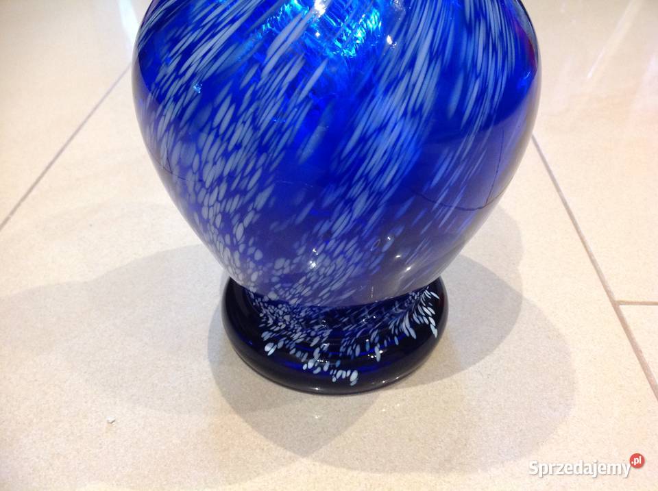 Stary Wazon Szklany Kobaltowy Murano z Białym Nowa Sól
