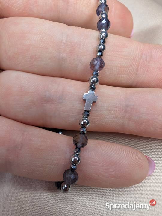 Bransoletka różaniec kamienie iolit krzyż Olkusz