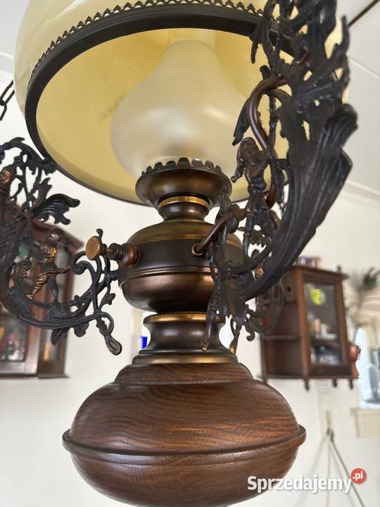 Śliczna lampa naftowa żyrandol drewno mosiądz sprzedam